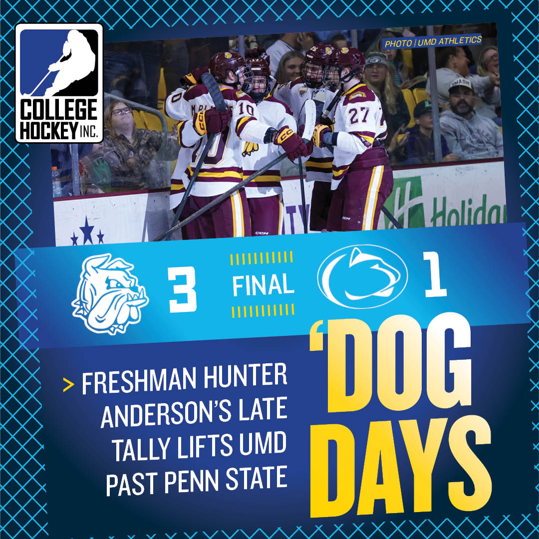 Graphic of Minnesota Duluth's 3-1 win over Penn State in the NCAA Regional semifinal. Freshman Hunter Anderson scored the go-ahead goal late in the third period for the Bulldogs.