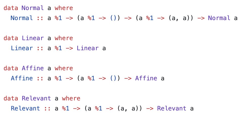 data Normal a where
  Normal :: a %1 -> (a %1 -> ()) -> (a %1 -> (a, a)) -> Normal a

data Linear a where
  Linear :: a %1 -> Linear a

data Affine a where
  Affine :: a %1 -> (a %1 -> ()) -> Affine a

data Relevant a where
  Relevant :: a %1 -> (a %1 -> (a, a)) -> Relevant a