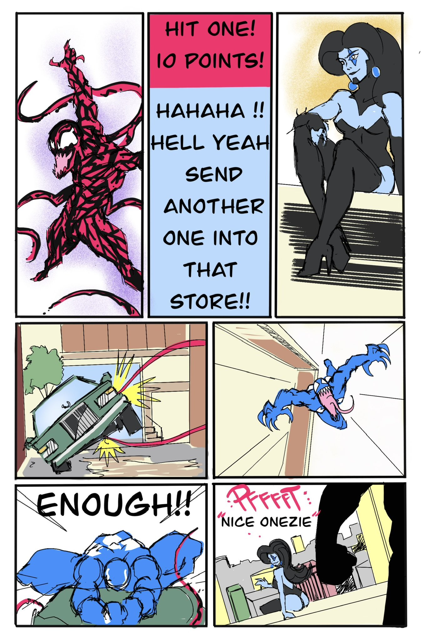 Carnage is throwing toys and killing people, shriek is making sure the excitement stays up