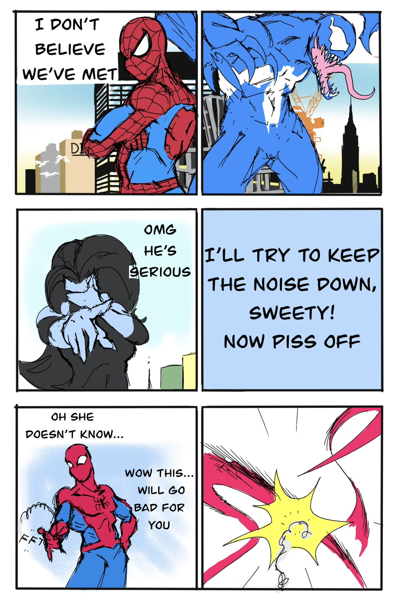 Parker and Eddie introduce themselves, and shriek just laughs.  This should be easy peasy though, for Spider-Man, right?