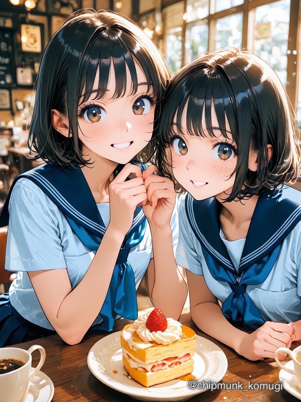 使用アプリ:PixAI Web版
使用モデル:VXP_illustrious(low cost version)
使用LoRA:Detailed Cute Style v2.0
使用機材:iPhoneのみ😅
プロンプト:
1girl, in the cafe, kissaten, japanese cafe, sitting, Shortcakes, depth of field, upper body, two beautiful girls, small breasts, long eyelashes, double eyelids, stylish hair, stylish bangs, small breasts, looking at viewer, short hair, parted lips, multiple girls, black hair, original, smiling 2girls, shy, smiling, sailor school uniform, navy blue sailor collar with white lines, blue neckerchief, navy blue pleated mini skirt,