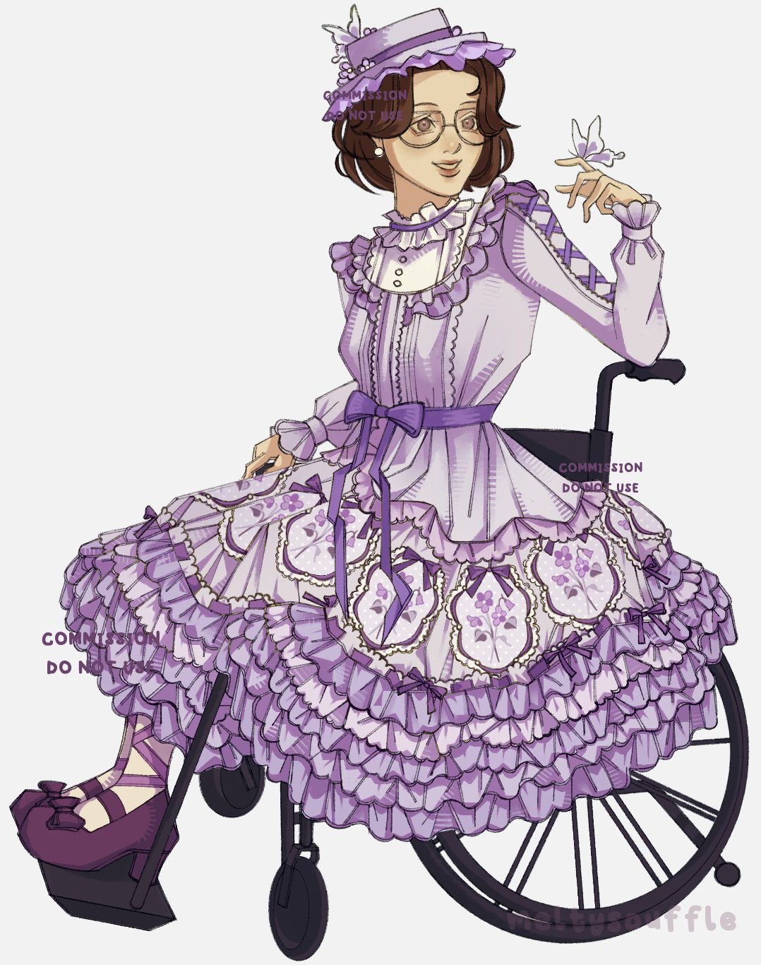 A full-body drawing of Olivia from "Fear and Hunger: Termina" wearing the Shirosaki London x Hoshibako Works collaboration series. The artist's watermark, reading 'meltysouffle', is on the bottom right. Several "COMMISSION DO NOT USE" watermarks are visible throughout the image. The drawing is fully rendered.