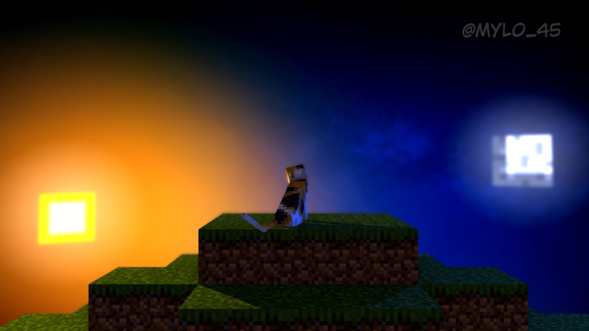 3D Minecraft render of a cat sitting on a floating grass block, centered between two worlds — a warm orange sunset with a square sun on the left, and a deep blue night with a glowing moon on the right
