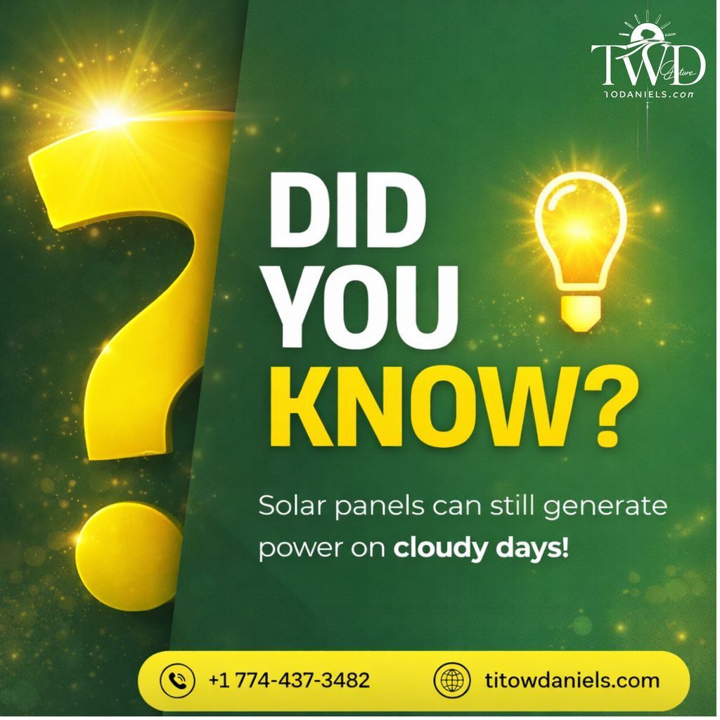 A green-themed promotional graphic with a large question mark and glowing light bulb, stating that solar panels can still generate power on cloudy days, along with contact details and branding for a solar energy company.