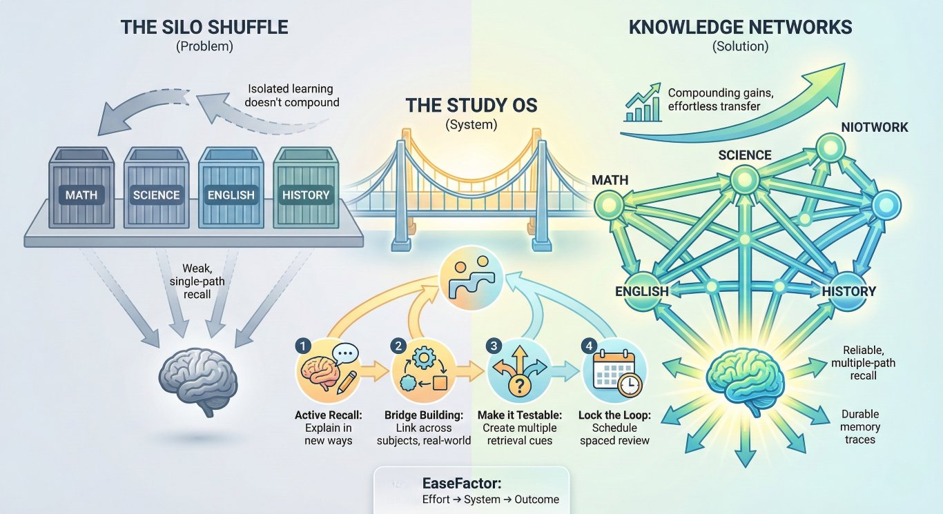A three-section infographic. It contrasts isolated subject silos causing weak recall with a central "Study OS" bridge system of active recall and spaced repetition. This leads to a knowledge network and an energized, high-retention brain.