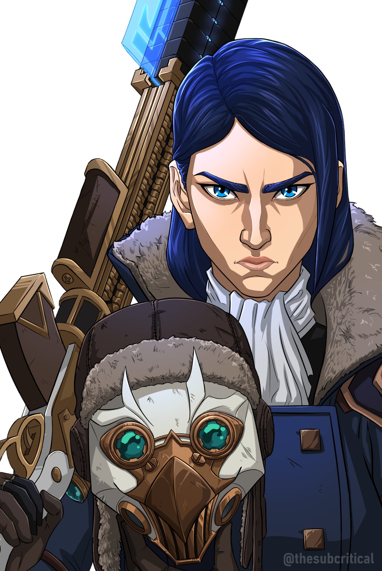 Closeup of a digital illustration of Caitlyn Kiramman in her winter coat, holding her Hextech rifle and a Firelight mask.