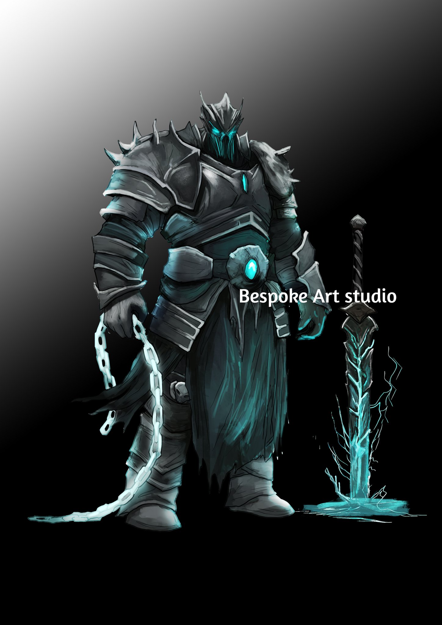 A full-body digital fantasy illustration of a massive, menacing Necromancer Shade warrior. The colossal figure stands encased in void-black, heavily textured, angular plate armor. Cold, cyan light glows intensely from his visored eyes, a central chest gem, and a belt buckle gem, casting cool blue reflections. In his left hand, the coiled 'Astral Chain' of translucent, swirling blue-cyan spirit energy is firmly gripped, trailing on the dark stone ground. In his right hand, the large, jagged black blade with intense icy cyan energy crackling along its edge is held in a ready stance. The character's posture is solid and heavy-set, emphasizing his 21 Strength and massive scale.