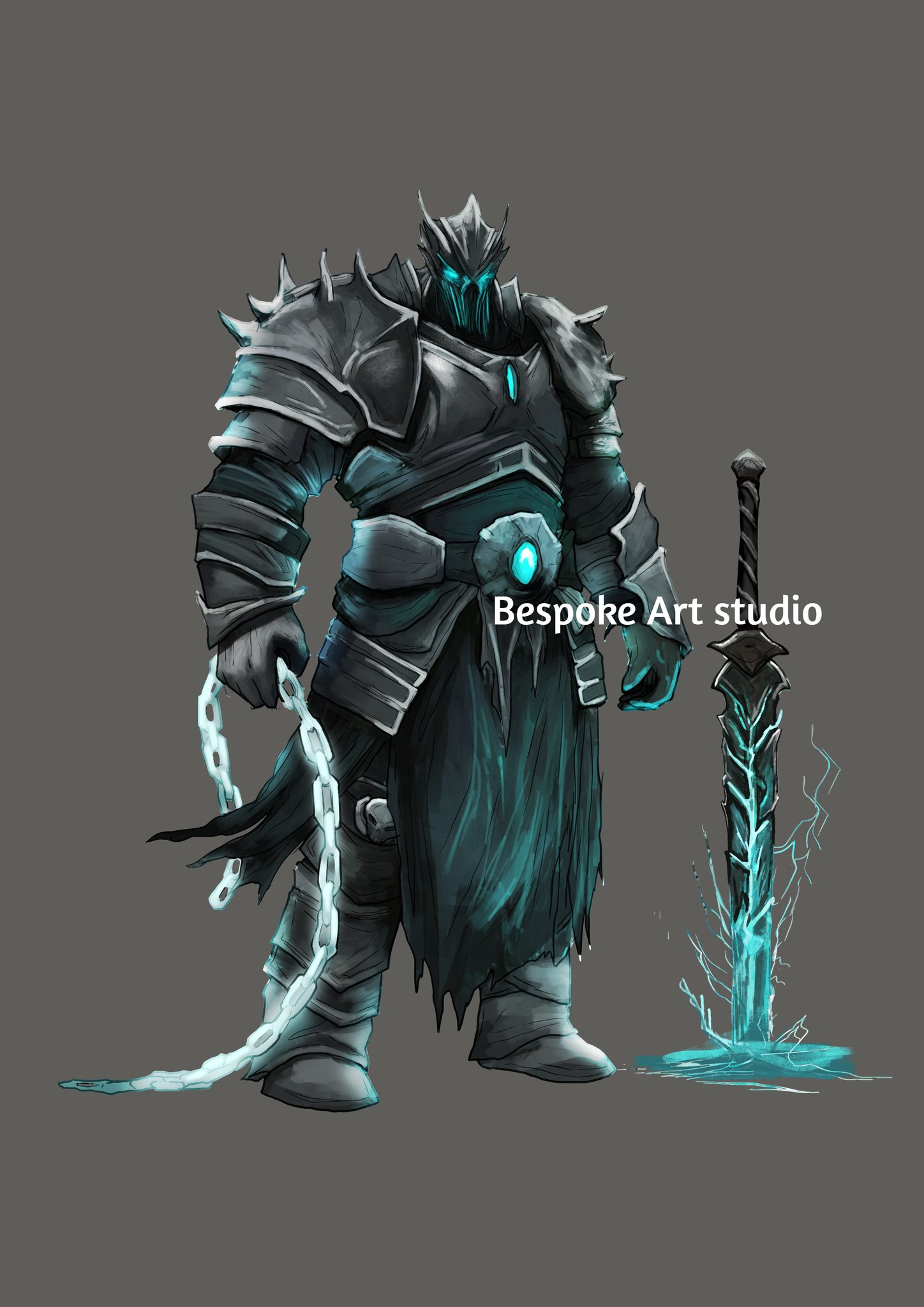 A full-body digital fantasy illustration of a massive, menacing Necromancer Shade warrior. The colossal figure stands encased in void-black, heavily textured, angular plate armor. Cold, cyan light glows intensely from his visored eyes, a central chest gem, and a belt buckle gem, casting cool blue reflections. In his left hand, the coiled 'Astral Chain' of translucent, swirling blue-cyan spirit energy is firmly gripped, trailing on the dark stone ground. In his right hand, the large, jagged black blade with intense icy cyan energy crackling along its edge is held in a ready stance. The character's posture is solid and heavy-set, emphasizing his 21 Strength and massive scale.