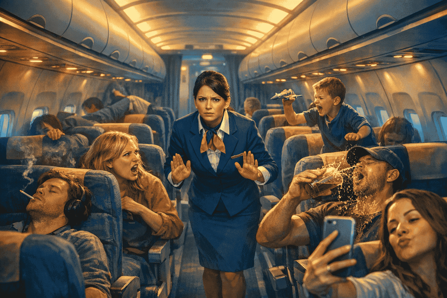 A dramatic scene showing chaotic passenger behavior and a concerned flight attendant in the aisle.

