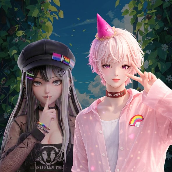 Two stylized characters side by side, representing the evolution of the same persona. The left figure is the first generation, with a darker, more reserved appearance, while the right is the newer second generation, brighter, softer, and more expressive.