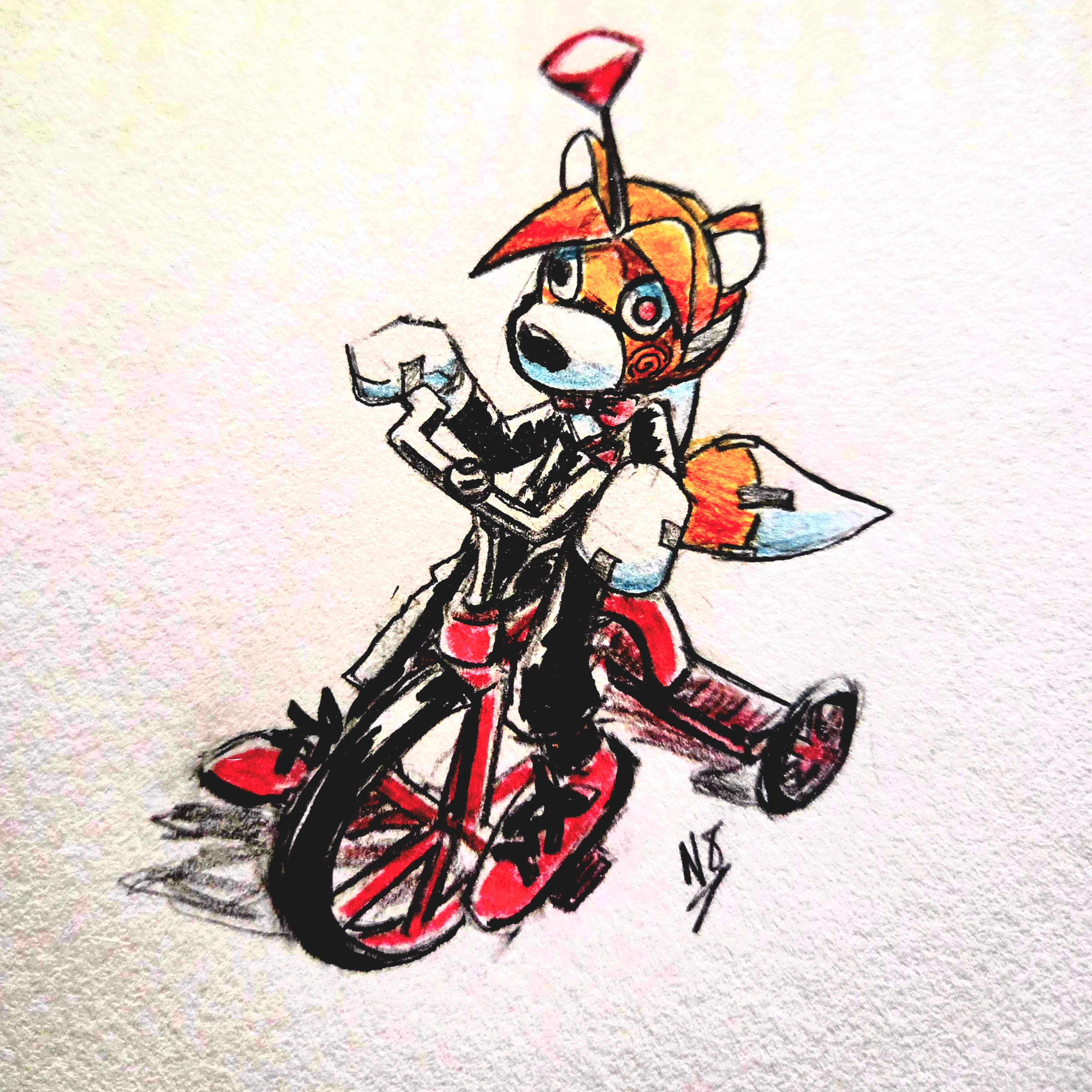 Drawing of Tails Doll from Sonic R, colored with pen and wax pencil; Tails Doll is dressed in the tuxedo and red shoes outfit of the puppet Jigsaw from the SAW franchise, riding the red tricycle with a bell seen in the movies. Tails Doll is also given the same red blush swirl on its cheek.