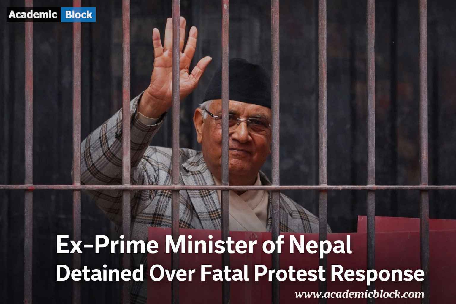 Image showing Nepal’s former Prime Minister in a serious or guarded moment, connected to news of arrest after a fatal protest crackdown, highlighting political tension and public unrest.