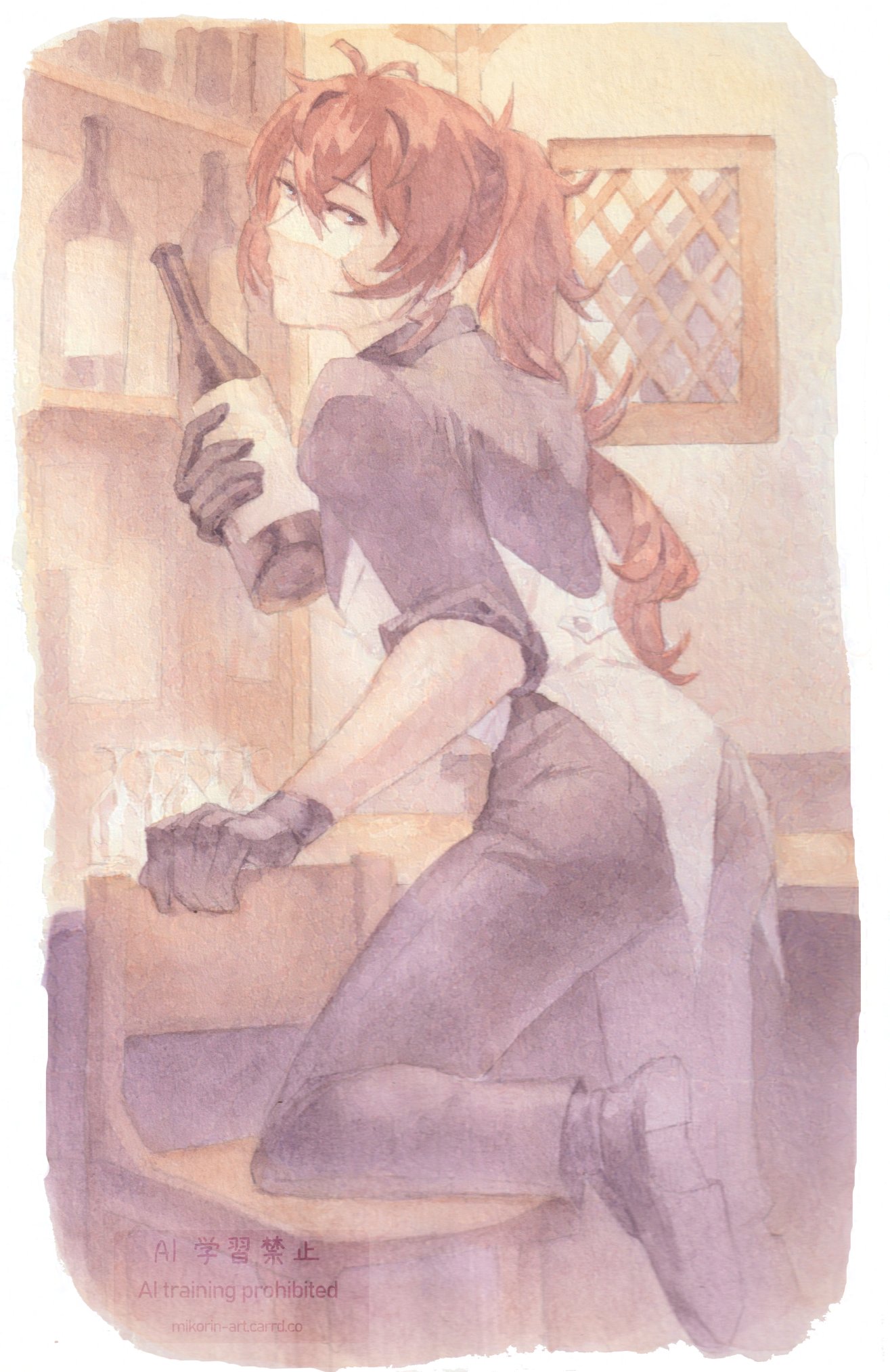 a traditional anime-style watercolor painting of a character with long red hair in a ponytail, wearing a white vest and a black shirt and pants, climbing on a chair to get a bottle of wine off of a shelf in a bar.
