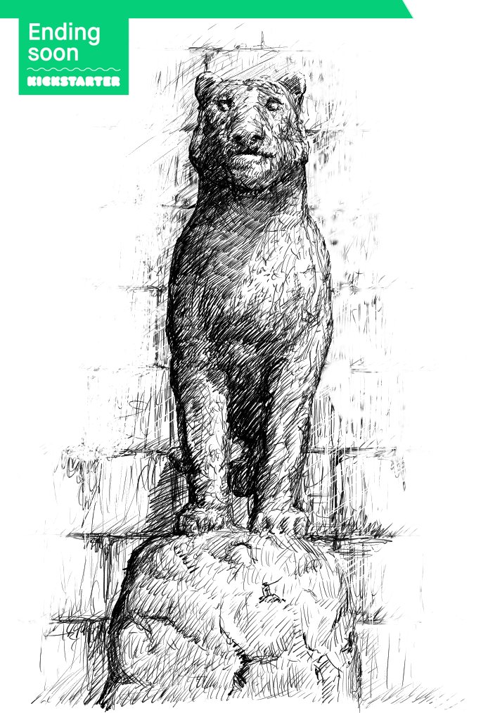 Black-and-white ink illustration of a stone statue of a bear standing upright on a pedestal. The statue appears weathered and ancient, with rough sketch-like shading and worn surfaces suggesting age and erosion. A green “Ending Soon” Kickstarter label appears in the top corner of the image.