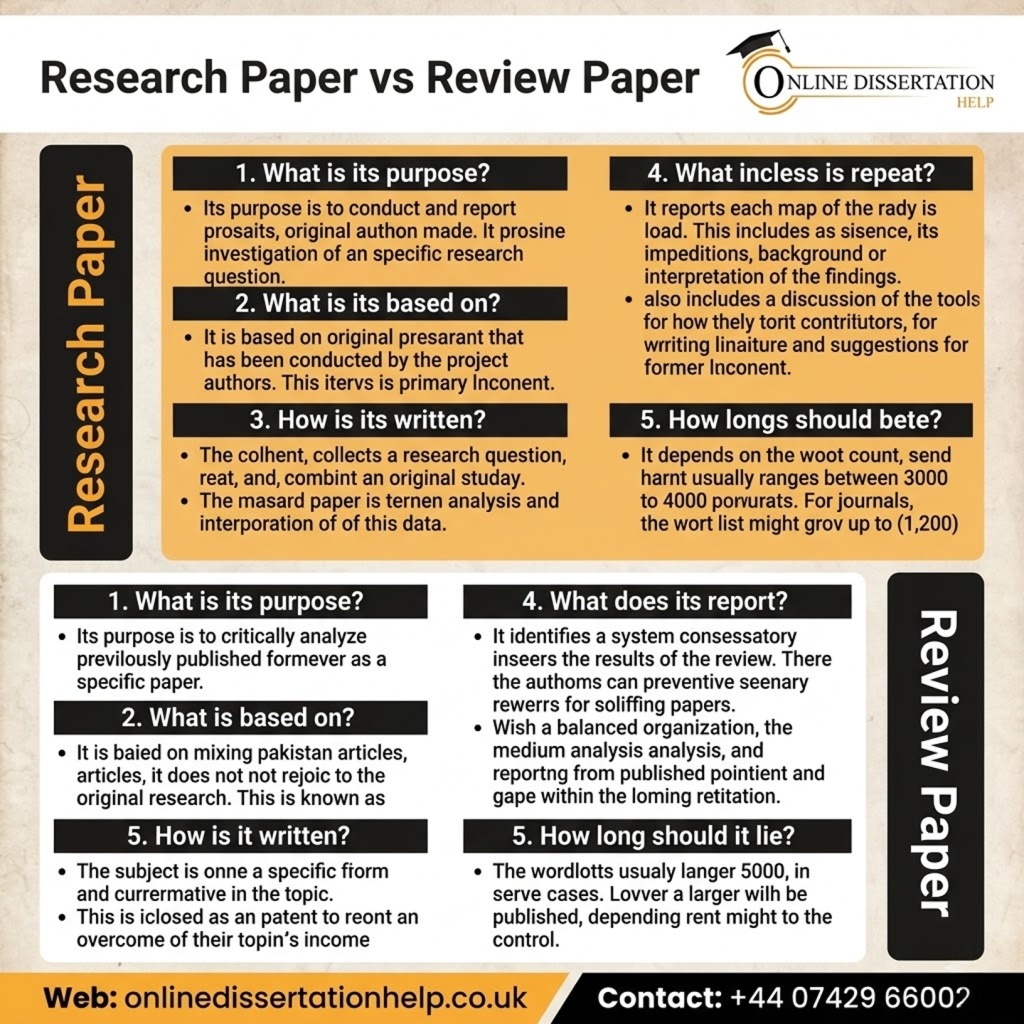 A comparative infographic titled "Research Paper vs Review Paper" from Online Dissertation Help. The top orange section details Research Papers as primary literature based on original research (3,000–6,000 words). The bottom teal section describes Review Papers as secondary literature that critically analyzes existing studies (3,000–5,000 words). The design features a professional goldenrod, charcoal, and white color theme with a graduation cap logo.