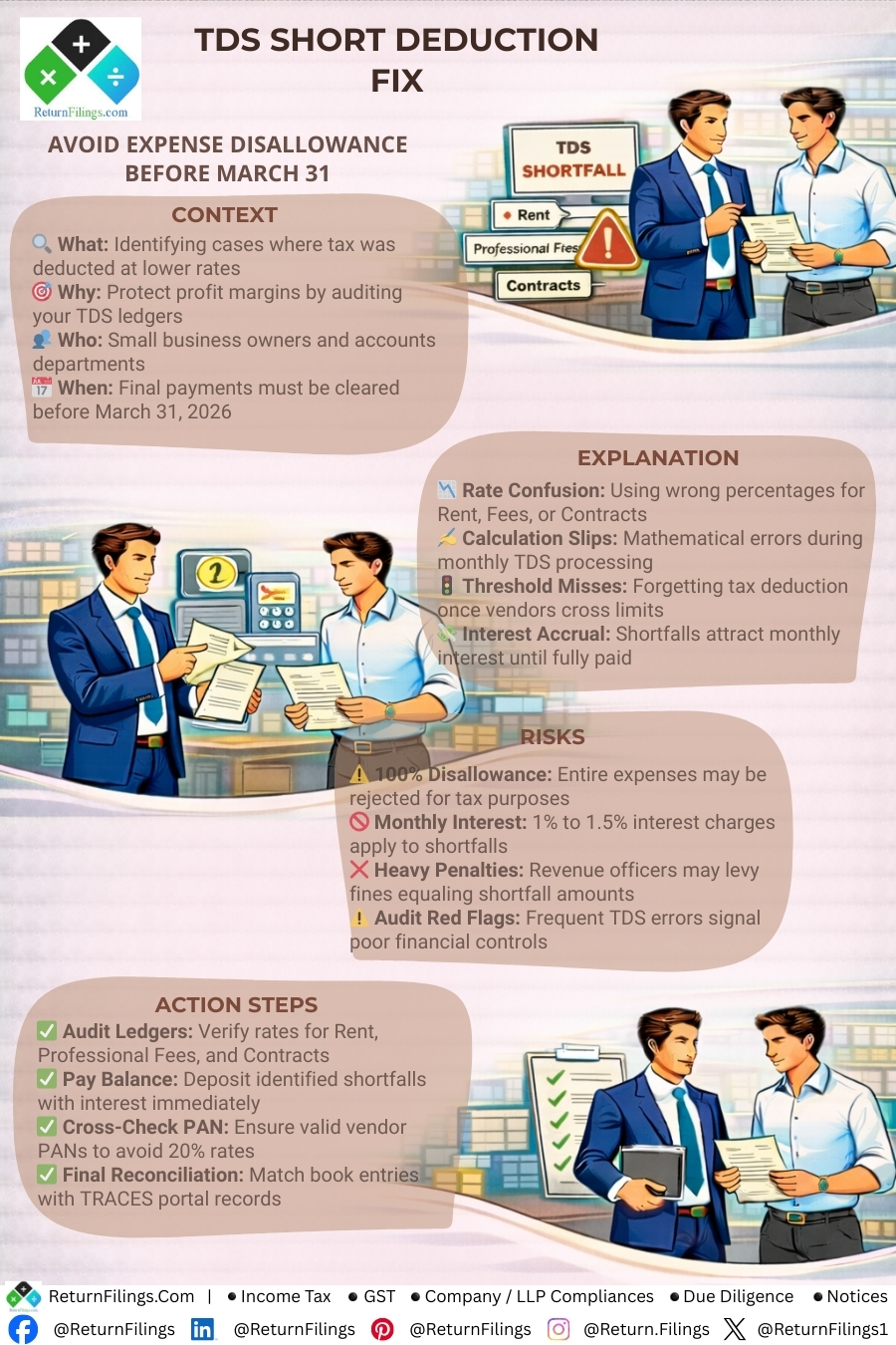 Image shared by ReturnFilings.Com it contains Under the Income Tax Act 2025, AI-scrutiny flags threshold misses instantly. If a vendor crossed the limit and you missed the deduction, fix it now to stop the 1.5% monthly interest clock! 🛡️📉

✅ Your TDS Fix-It List:
1️⃣ Verify Rates: Double-check Rent (10%), Professional Fees (2% or 10%), and Contracts.
2️⃣ PAN Check: Ensure valid vendor PANs to avoid the mandatory 20% penalty rate.
3️⃣ Pay Now: Deposit shortfalls with interest today to save your business expenses!

#ReturnFiling #Returnfilings #TDSCompliance #TaxAudit2026 #MSMEIndia #BusinessFinance #IncomeTaxIndia #AccountingTips #TaxSavings #FinanceAlert