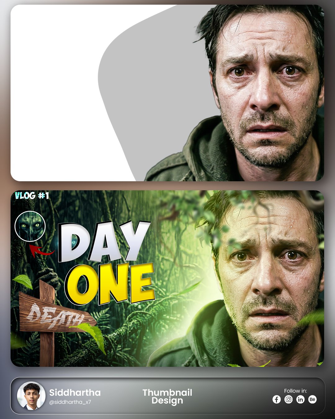 A before-and-after YouTube thumbnail design showing a worried man’s face transformed into a cinematic jungle scene with bold “Day One” text and dramatic lighting.
