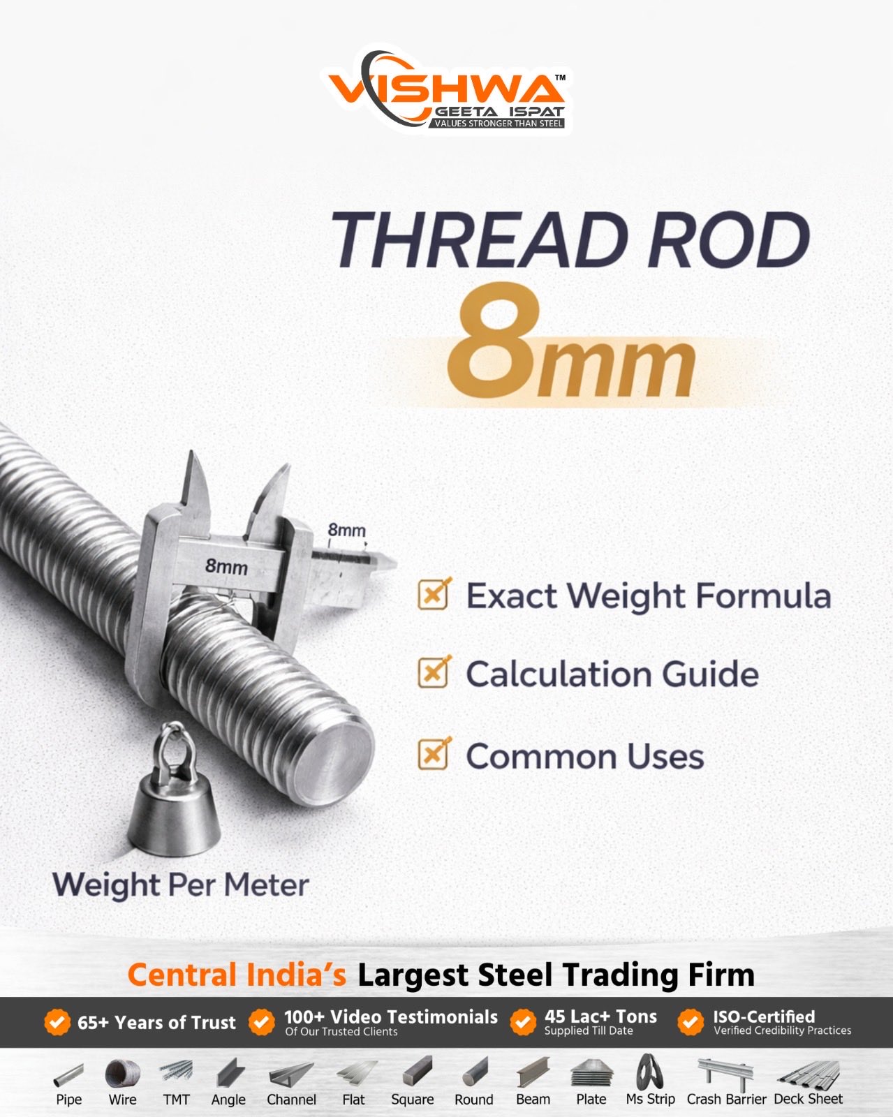 8mm threaded rod with caliper measurement, highlighting weight per meter and steel applications.