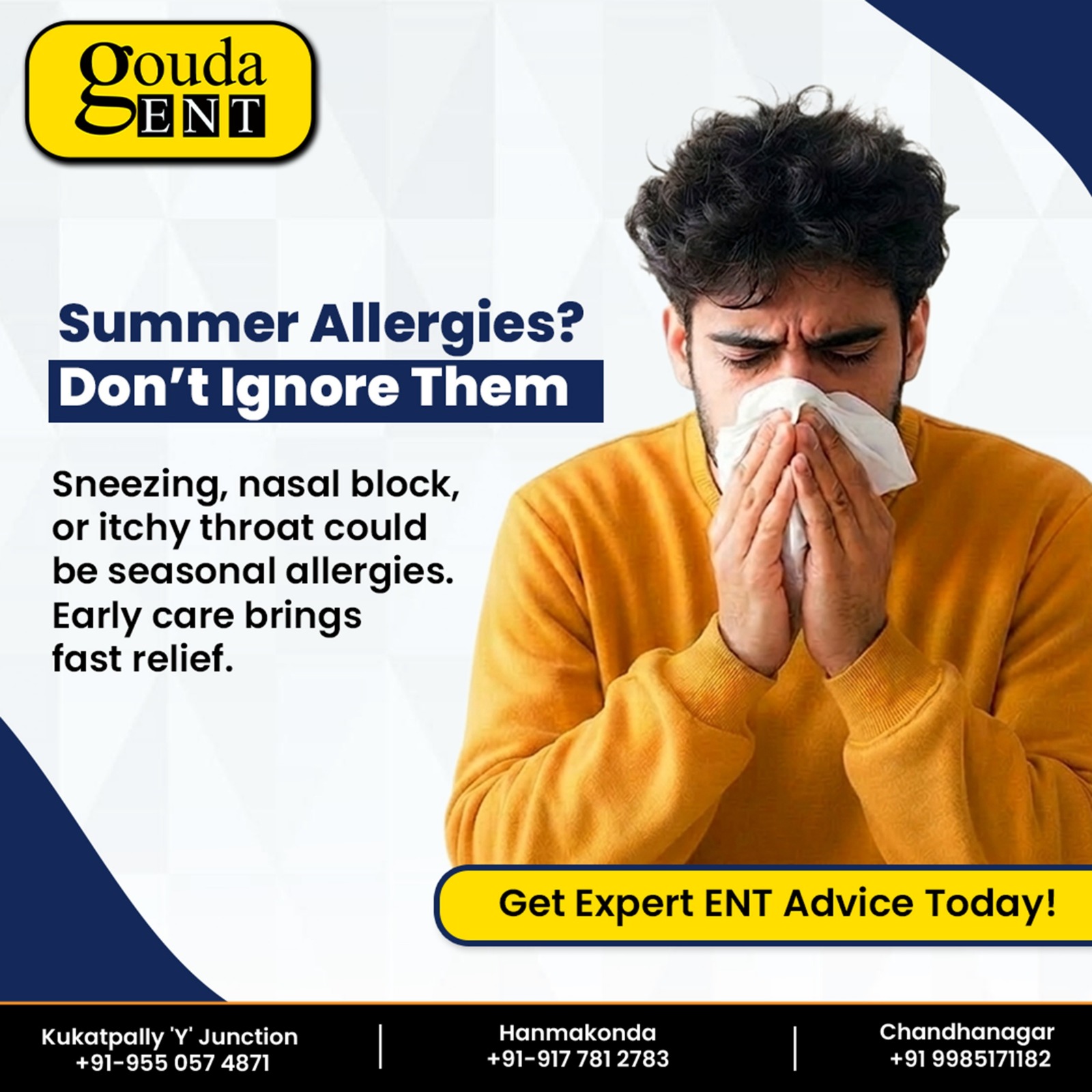 A man sneezing into a tissue. Text: Summer allergies? Don't ignore them. Get expert ENT advice today at Gouda ENT.