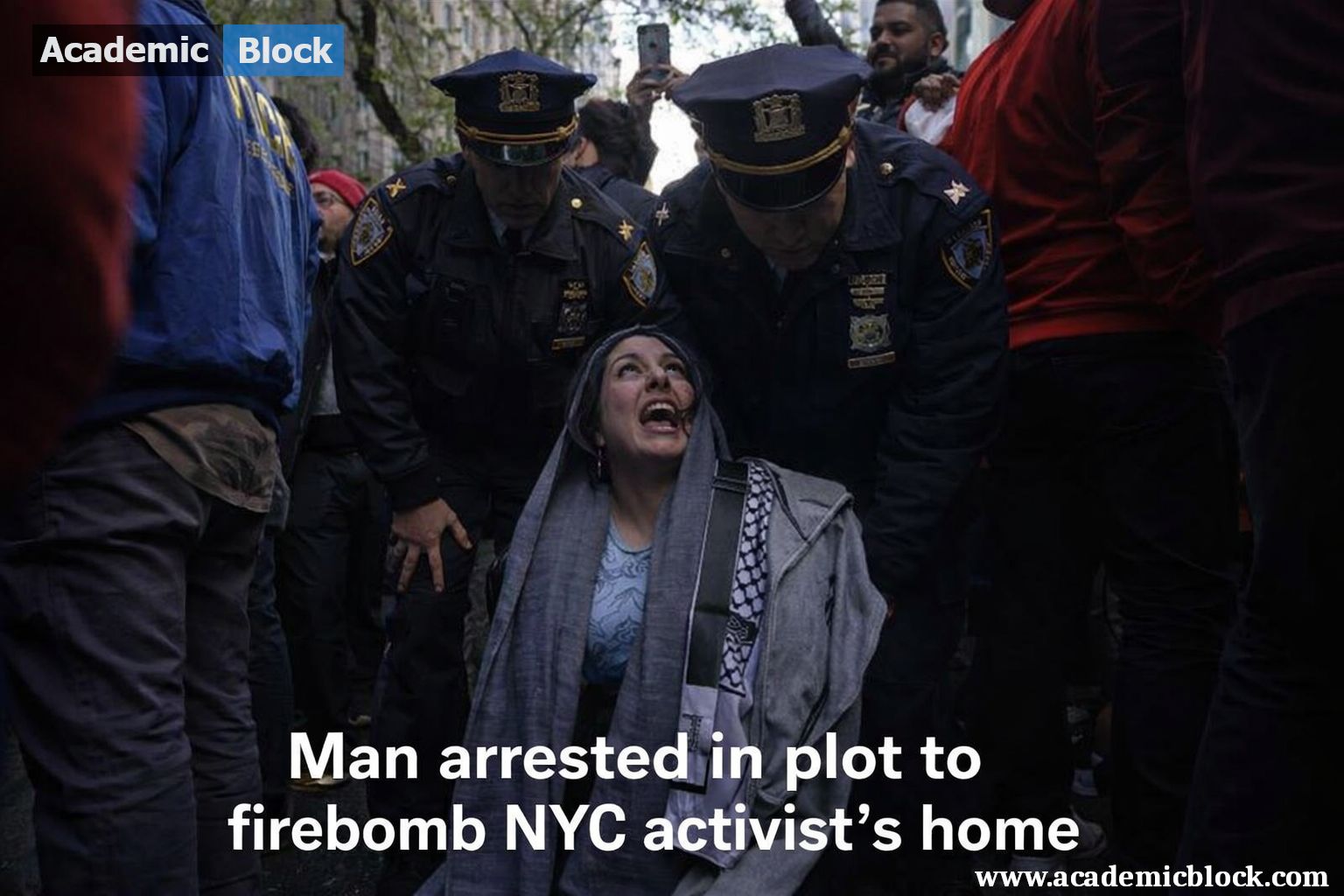 Police officers detaining a person during a tense scene, with onlookers around, representing an arrest related to a firebomb plot.