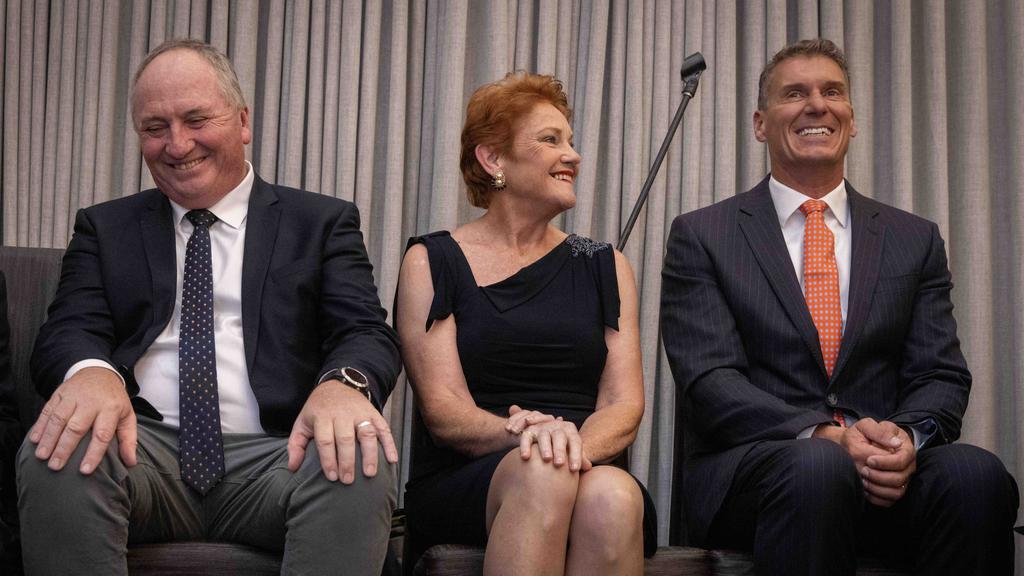 Barnaby Joyce, One Nation leader Senator Pauline Hanson and One Nation SA leader Cory Bernardi addresses the supporters at the One Nation SA's official campaign launch.