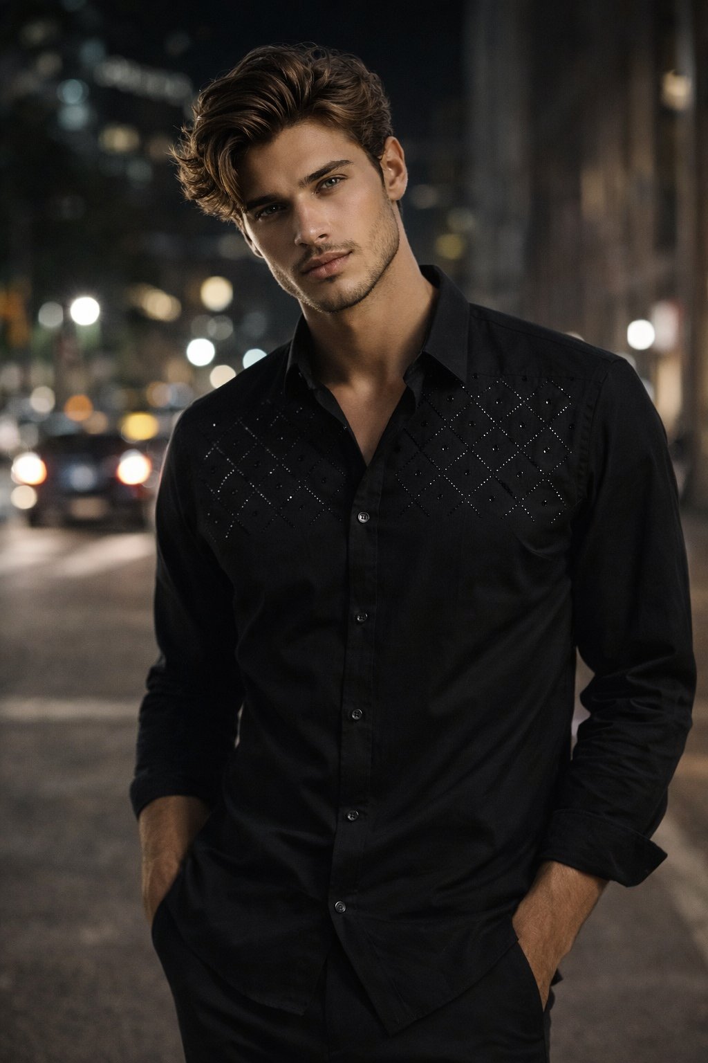 Close-up of a premium black men's shirt with symmetrical diamond-pattern embroidery on the chest, styled for an evening look by Ansari Merchandise.