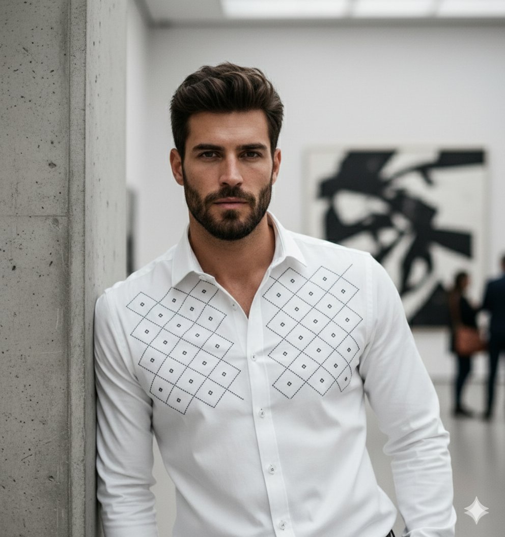 Close-up of a premium white men's shirt with symmetrical diamond-pattern embroidery on the chest, styled for an evening look by Ansari Merchandise.