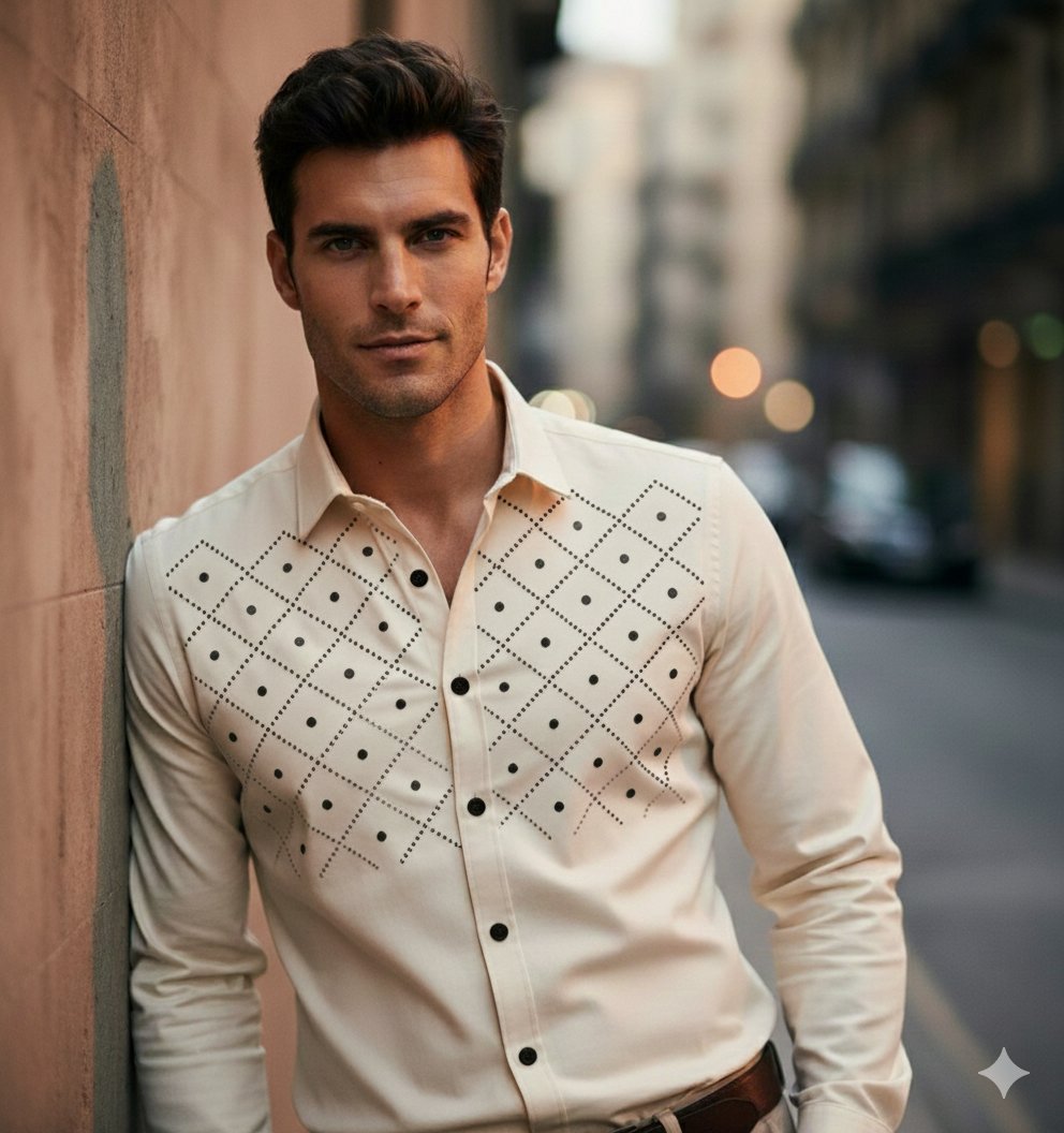 Close-up of a premium soft lemon men's shirt with symmetrical diamond-pattern embroidery on the chest, styled for an evening look by Ansari Merchandise.