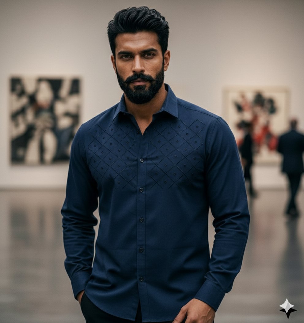 Close-up of a premium royal Nevy men's shirt with symmetrical diamond-pattern embroidery on the chest, styled for an evening look by Ansari Merchandise.