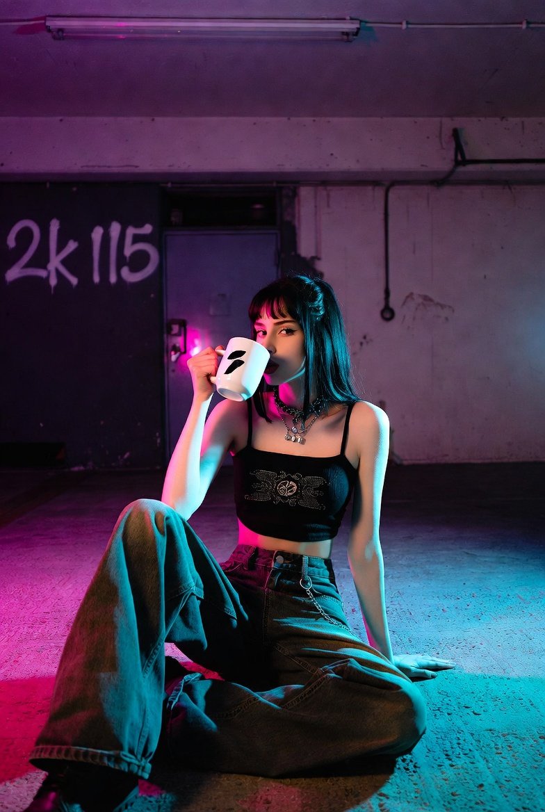 A young woman sits on the concrete floor of an urban garage, leaning casually against a rough wall marked with the graffiti “2K115.” She holds a cup of coffee in her hands, taking a quiet moment in an otherwise cold and industrial setting. The scene is shaped by dim lighting and subtle neon reflections, blending everyday routine with a gritty, cinematic atmosphere where solitude and city life collide.