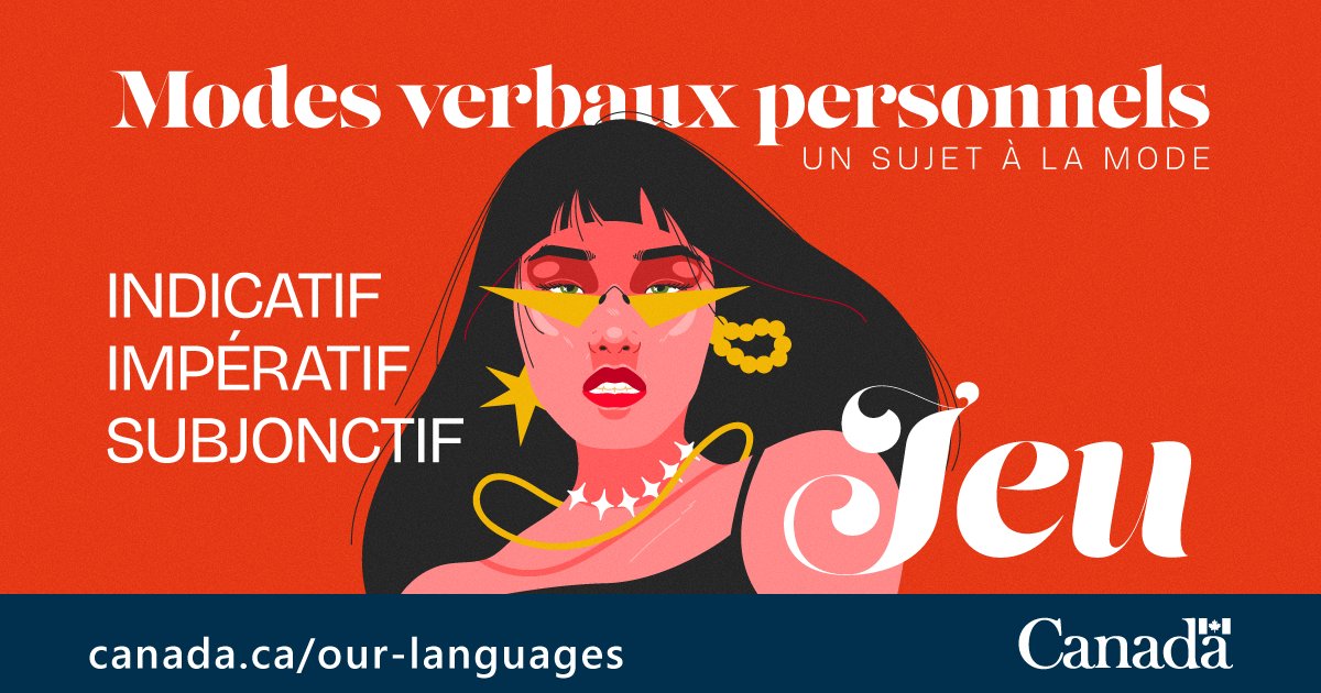 Someone on the cover of a fashion magazine. The text reads as follows: Modes verbaux personnels; Un sujet à la mode; Indicatif, Impératif, Subjonctif; Jeu.