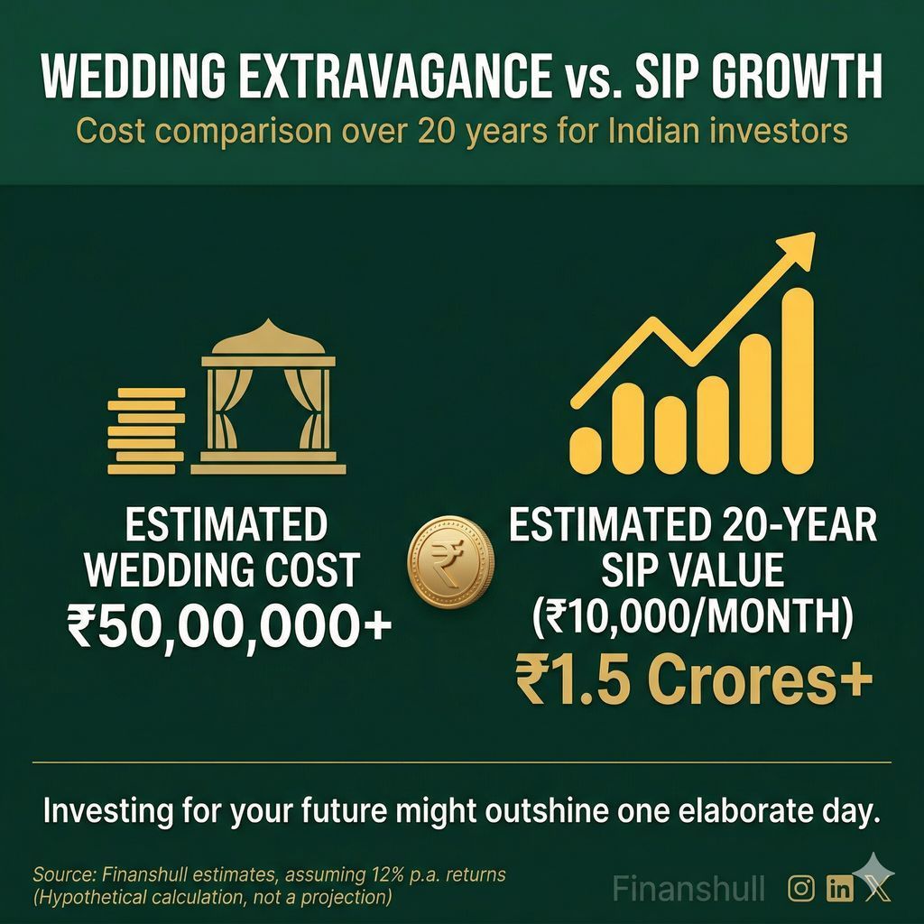 One day of celebration or a lifetime of wealth? 💍 vs 📈

₹50L Wedding Cost: 1 Day
₹10k/mo SIP Value: ₹1.5 Cr+ (20 Years)

The math is clear, but the cultural pressure is real. Choose compounding over clout.

#Finanshull #StockMarketIndia #SIP #Wealth