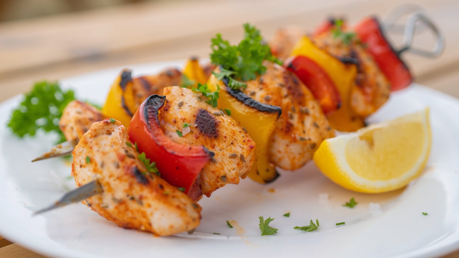 Grilled chicken and red and yellow bell pepper skewers on a white plate garnished with parsley and a lemon wedge.