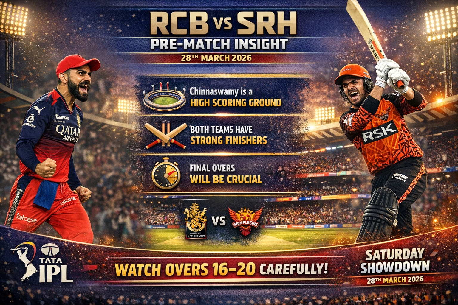 RCB vs SRH – Pre Match Insight 📊
• Chinnaswamy = high scoring ground
• Both teams have strong finishers
• Final overs likely to decide the match
Key phase: Overs 16–20
#IPL2026 #CricketAnalytics #MatchAnalysis #CricketInsights #RCBvSRH
