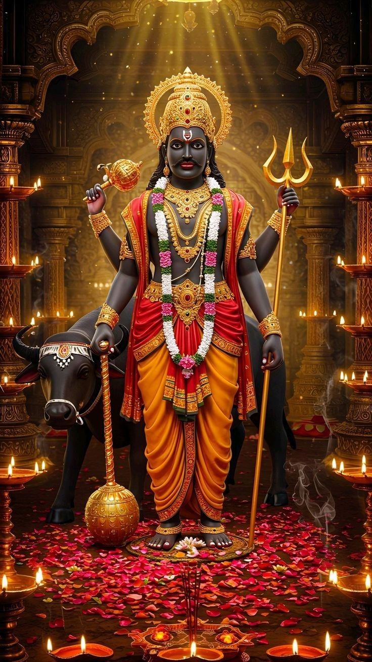 Depiction of Shani Dev standing in a temple, dark-complexioned and adorned with gold ornaments and a crown, holding a trident and mace, with a black buffalo beside him; surrounded by lit oil lamps, flower petals, and incense, creating a powerful and solemn spiritual atmosphere.