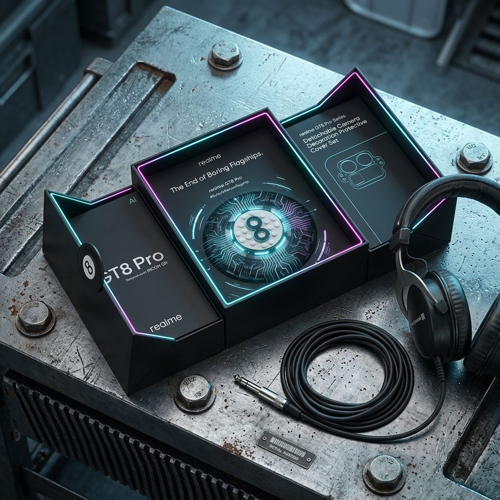 GT8 Pro box on industrial textures with rugged headphones.