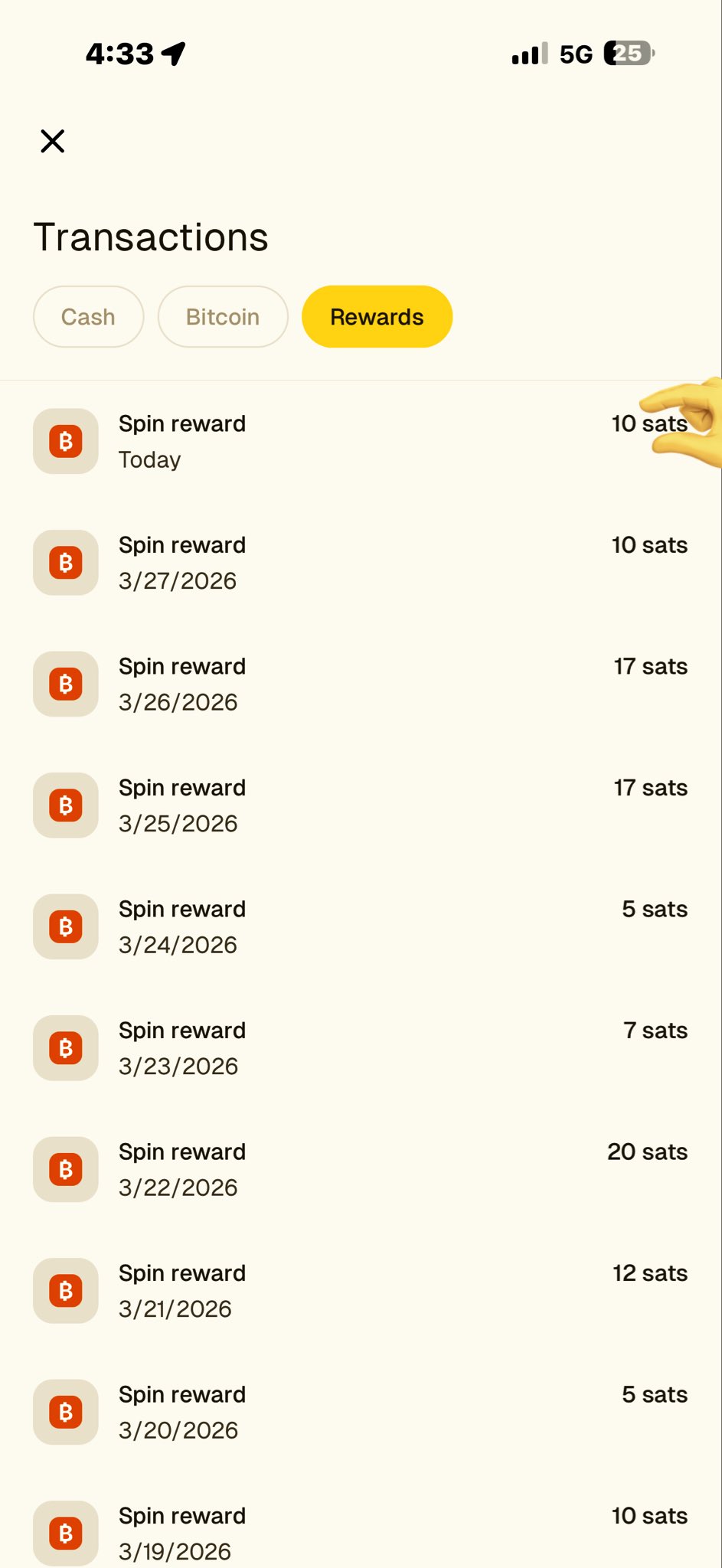 Screenshot showing Bitcoin reward activity with daily spin rewards earning small amounts of satoshis, alongside a referral screen offering $10 in Bitcoin for inviting friends. Highlights consistent daily earnings and passive Bitcoin stacking.