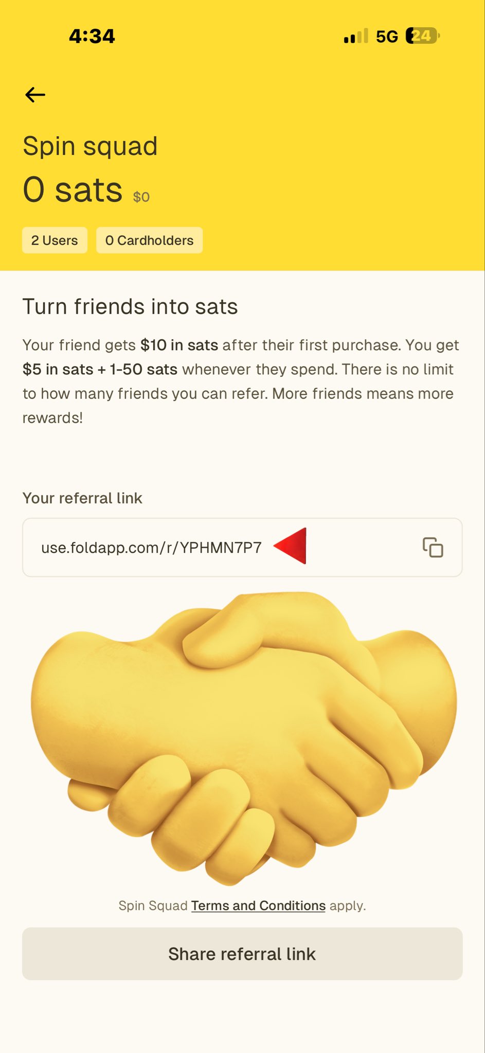 Referral screen showing an offer to earn $10 in Bitcoin for inviting friends, plus additional satoshi rewards from their spending. Includes a referral link and highlights earning Bitcoin through sharing.