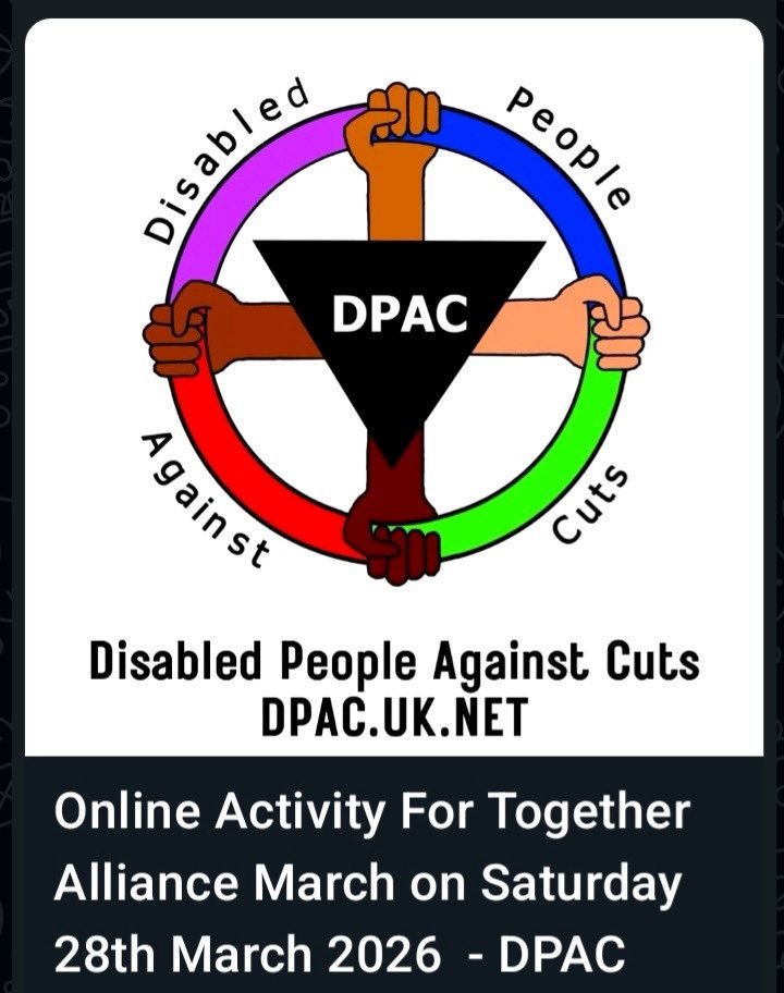 Image is on a white background and shows the DPAC logo underneath it says in white text online activity for together alliance march on Saturday 28th March 2026