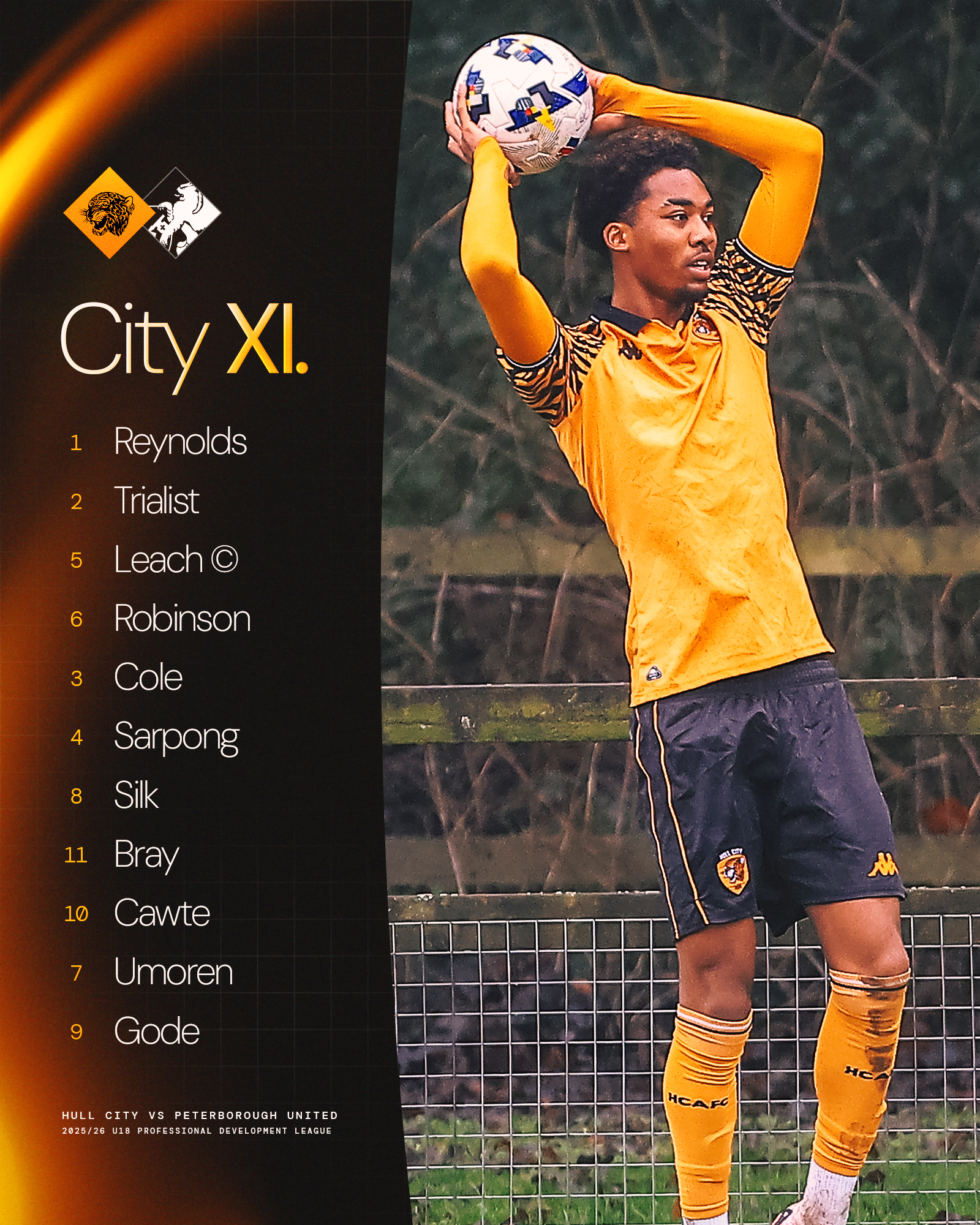 Hull City U18s Line-Up v Peterborough United U18s (H): 1. Kerr Reynolds (GK); 2. Trialist, 5. Charlie Leach (C), 6. Dellan Robinson, 3. Cayden Cole [pictured]; 4. Emmanuel Sarpong, 8. Reuben Silk; 11. Alfie Bray, 10. Alfie Cawte, 7. Ekemini Umoren; 9. Ted Gode. 
Substitutes: 13. Alfie Lizardos (GK), 12. George Akinniranye, 14. Sasha Gomeniuk, 15. Reuben Dunn, 16. Oskar Gruszkowski. 