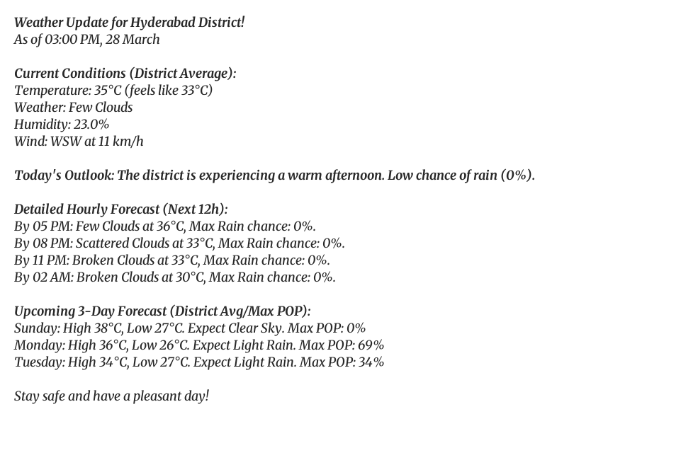 Weather Update for Hyderabad District!
As of 03:00 PM, 28 March
Current Conditions (District Average):
Temperature: 35°C (feels like 33°C)
Weather: Few Clouds
Humidity: 23.0%
Wind: WSW at 11 km/h
Today's Outlook: The district is experiencing a warm afternoon. Low chance of rain (0%).
Detailed Hourly Forecast (Next 12h):
By 05 PM: Few Clouds at 36°C, Max Rain chance: 0%.
By 08 PM: Scattered Clouds at 33°C, Max Rain chance: 0%.
By 11 PM: Broken Clouds at 33°C, Max Rain chance: 0%.
By 02 AM: Broken Clouds at 30°C, Max Rain chance: 0%.
Upcoming 3-Day Forecast (District Avg/Max POP):
Sunday: High 38°C, Low 27°C. Expect Clear Sky. Max POP: 0%
Monday: High 36°C, Low 26°C. Expect Light Rain. Max POP: 69%
Tuesday: High 34°C, Low 27°C. Expect Light Rain. Max POP: 34%
Stay safe and have a pleasant day!