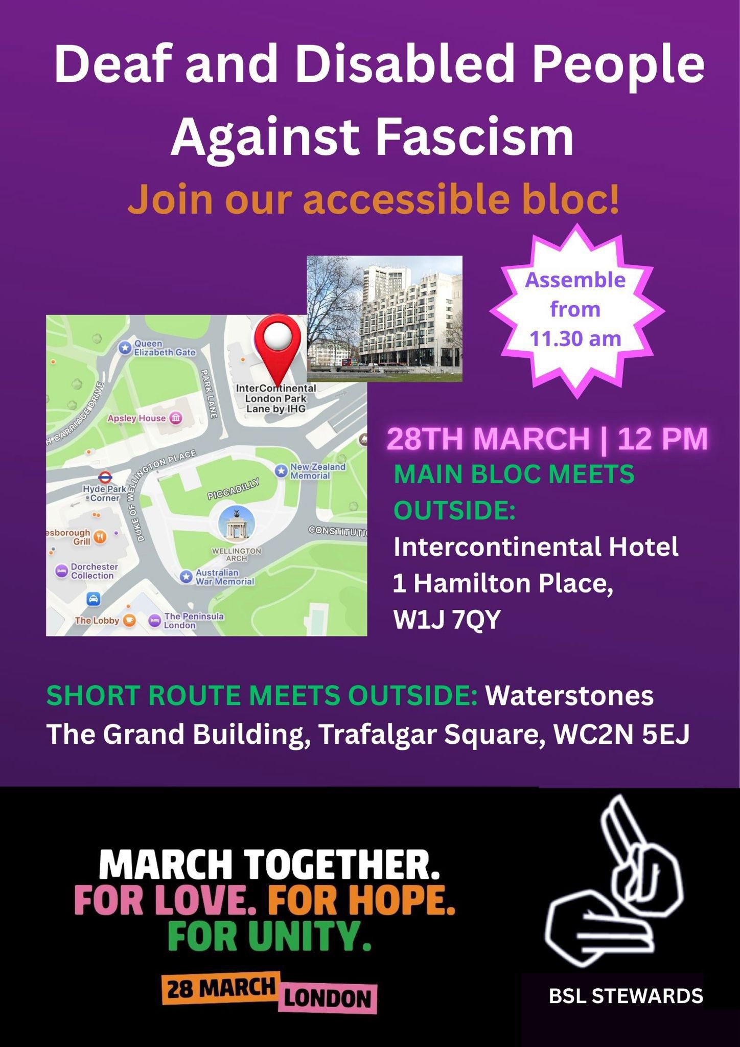 Image is in a purple background it shows a map with a pin where the deaf and disabled bloc is meeting at 11.30am there are two hands signing