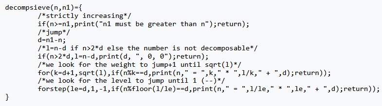 Algorithm of the decomposition into weight × level + jump in PARI/GP from the OEIS Wiki
