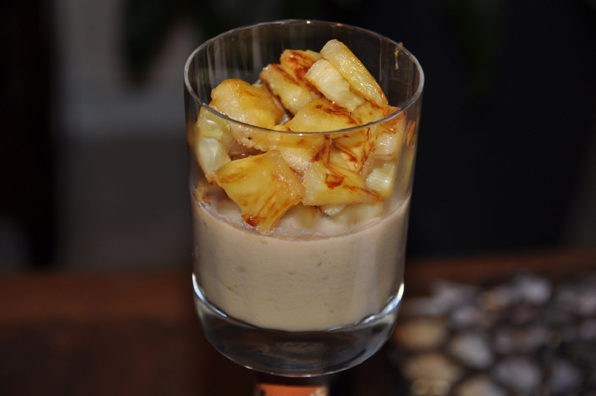 Verrine, flan, coco, citron vert, ananas, vanille et rhum, ig bas