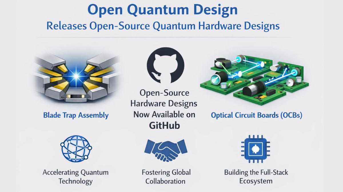 Open Quantum Design (OQD), a non-profit organization constructing the first open-source quantum computer, has established a public repository for its trapped ion quantum hardware designs, a milestone for the global scientific community. The first open-source blueprint for a high-performance quantum processor’s physical components is available here. OQD seeks to eliminate the conventional obstacles of proprietary research and promote a new age of international, cooperative advancement in quantum technology by bringing hardware creation into the public domain through GitHub.
A New Foundation for Quantum Hardware
The complete design files for the blade trap assembly and optical circuit boards (OCBs), two essential components of OQD’s full-stack system, are available in the newly accessible hardware repositories. The OCBs function as the essential infrastructure for optical routing, laser delivery, and signal control in precision photonic systems, whereas the blade trap assembly is charac