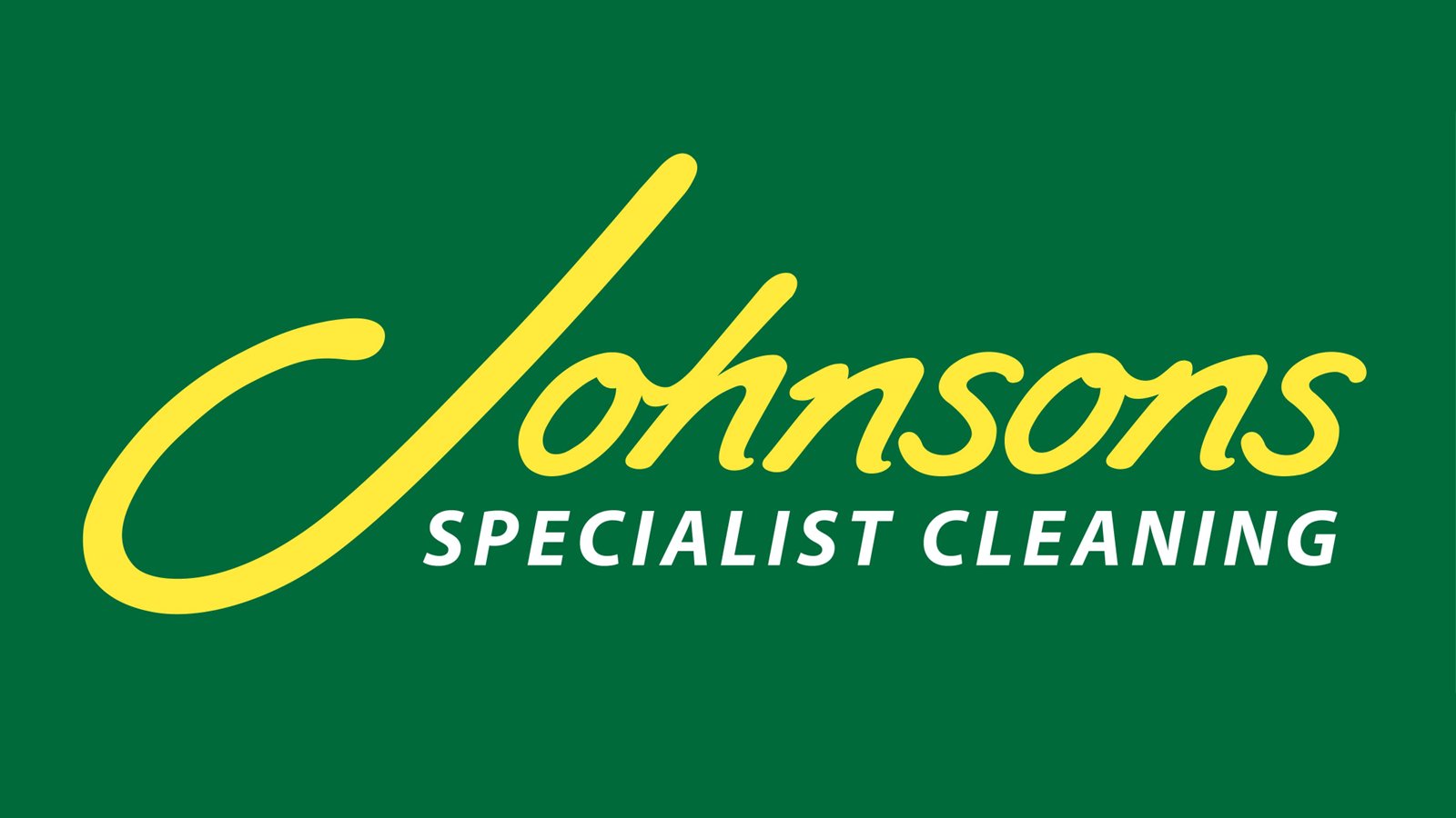 Logo of Johnsons Specialist Cleaning with yellow cursive text on a dark green background.