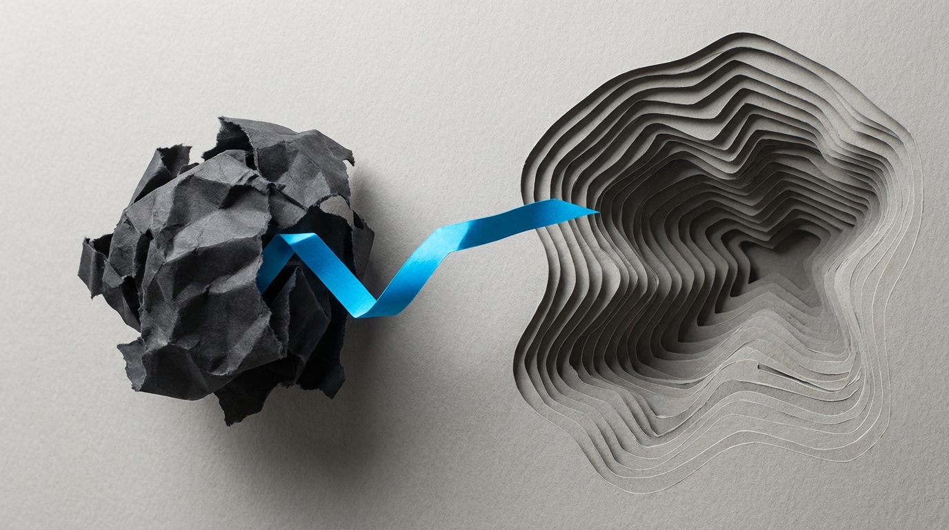 A crumpled sheet of paper on the left connects via a vibrant blue ribbon to an intricate, layered stack of paper sheets on the right.