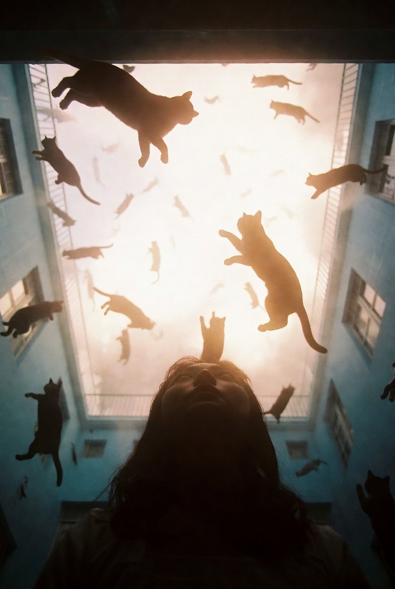 A low-resolution overhead photograph taken with ISO 100 film, dreamy soft focus, light and shadow play. The background is the lower part of an atrium surrounded by light blue walls. In the soft sunlight and mist far above, the shadows of countless cats can be seen floating in relaxed poses. A low-resolution, low-angle photograph of a stunningly beautiful Japanese movie actress standing below, looking up at this scene with wonder. Artistic lighting.