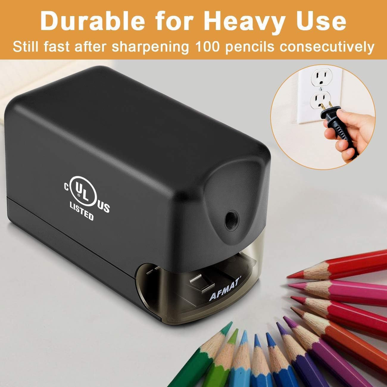AFMAT Electric Pencil Sharpener, Heavy Duty Pencil Sharpener for Classroom, 6.5-8mm No.2/Colored Pencils, UL Listed, 10,000+ Sharpenings, Electric Pencil Sharpeners for Home, Office, PS13
#am_amazon_associate
Price:   $25.08
Price may change at any time and may only be accurate at time of post
#ad Get more information  here -->  https://amzn.to/4uOhq5v
•	Sharpen 10000 Times Without Wearing out: This heavy duty electric pencil sharpener is a must for teachers or anyone who has a heavy use on pencil sharpeners. With upgraded stronger motor, this electric pencil sharpener can sharpen over 10000 times in only 3-5 seconds with ease. You will get a sharp and beautiful pencil point each time. Please don't push the pencil too hard when sharpening, or it will make "hum" noise and not sharpen pencils.
•	UL Listed Electric Pencil Sharpener: Our classroom pencil sharpener is UL listed(Model No:S230) and has no issues after sharpening 100 pencils at a time. 

