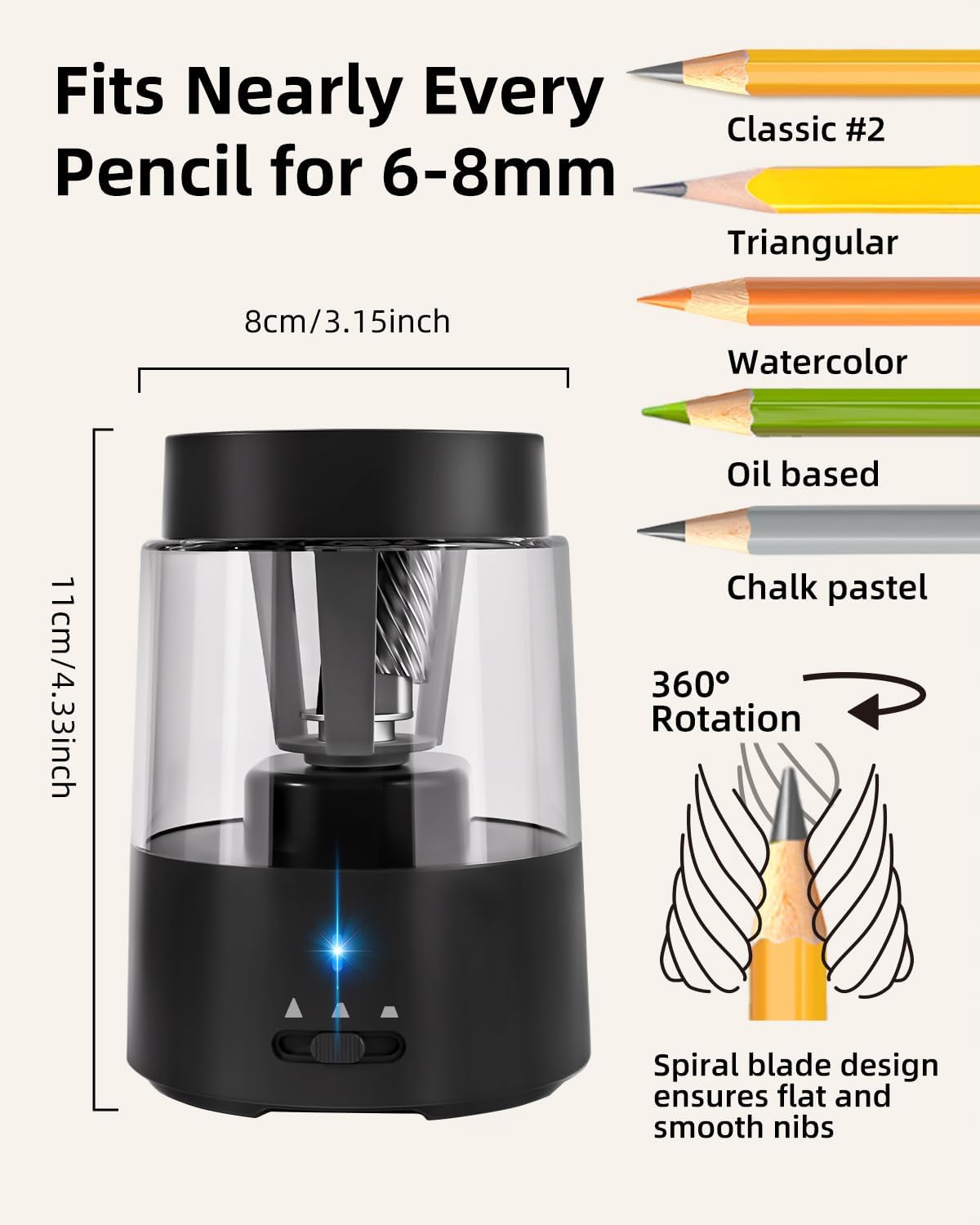 ZMOL Electric Rechargeable Pencil Sharpener, Automatic Pencil Sharpeners Kids, Battery Powered Pencil Sharpeners for Colored Pencils, Auto Stop, Suitable for No.2(6-8mm), Classroom/
#am_amazon_associate 
Price:  $17.59
Price may change at any time and may only be accurate at time of post
#ad Get more information here -->  https://amzn.to/4uU8RWz
•	Quickly Sharpen All Standard 6-8mm Pencils: Coloured and traditional graphite pencils, suitable for round and triangular and hexagonal pencils、art pencil.Suitable for classroom, library, home, office and other occasions.
•	Auto Stop & Fast Sharpen :ZMOL Electric Pencil Sharpener can sharpen a new pencil in 5 seconds, and sharpen a blunt pencil in 3 seconds. The Pencil Sharpener will auto stop when it sharpen at a great point. Just insert the pencil and it will automatically stop when sharpened. With its simple operation and safety design, even children can sharpen pencils by themselves easily.

